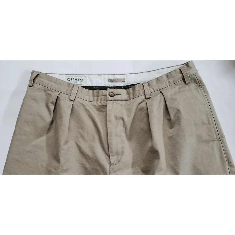 Orvis Mens Dress Pants Kight‎ Khaki Zip Fly Pockets No Cuff Pleated Cotton 40